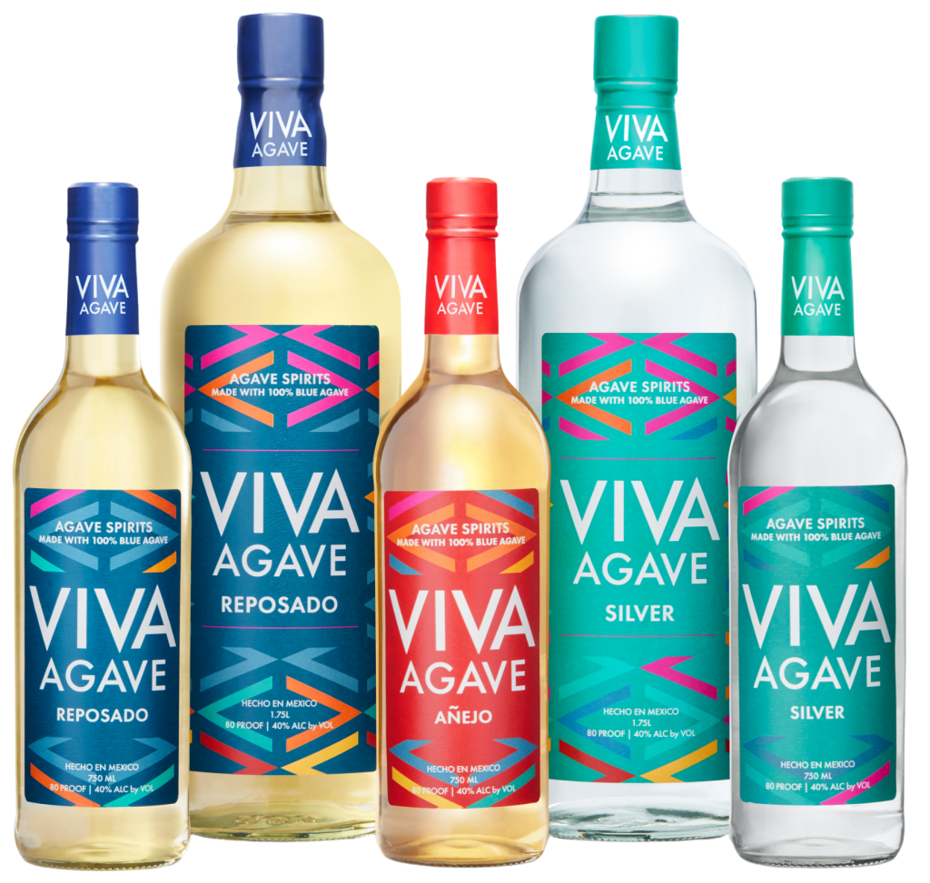 Viva Agave Reposado 750ml, Reposado 1.75L, Añejo 750ml, Silver 1.75L and Silver 750ml bottles, transparent background.