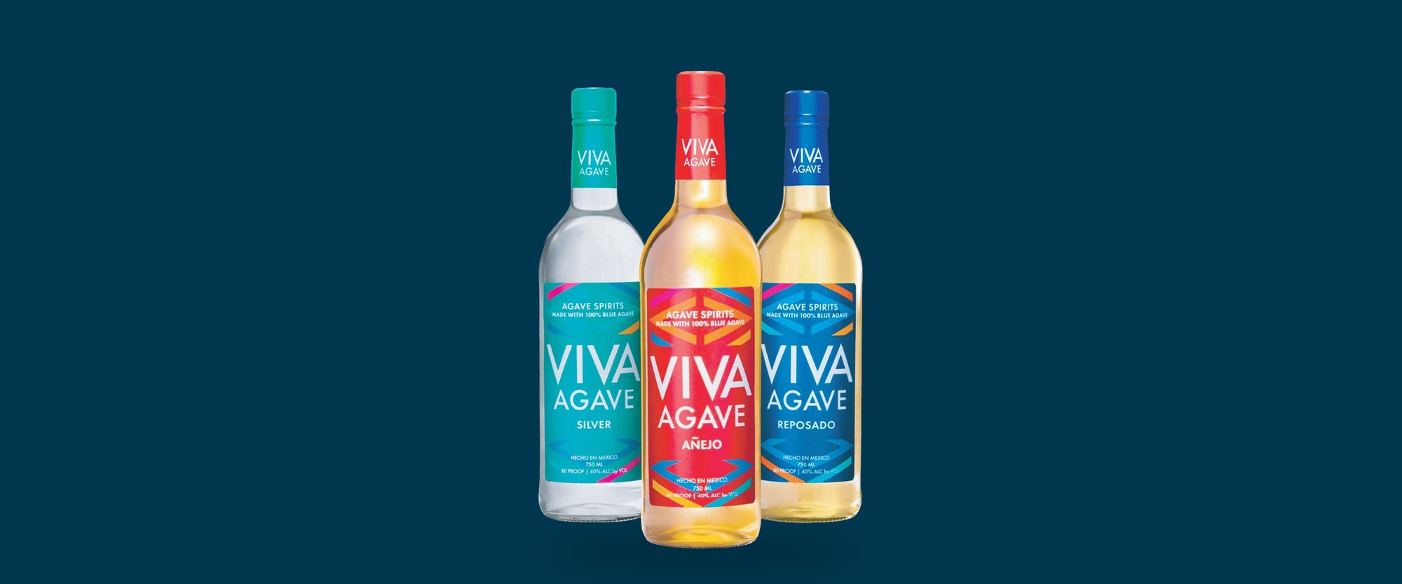 Viva Agave Silver, Añejo and Reposado bottles side by side against a deep navy background.