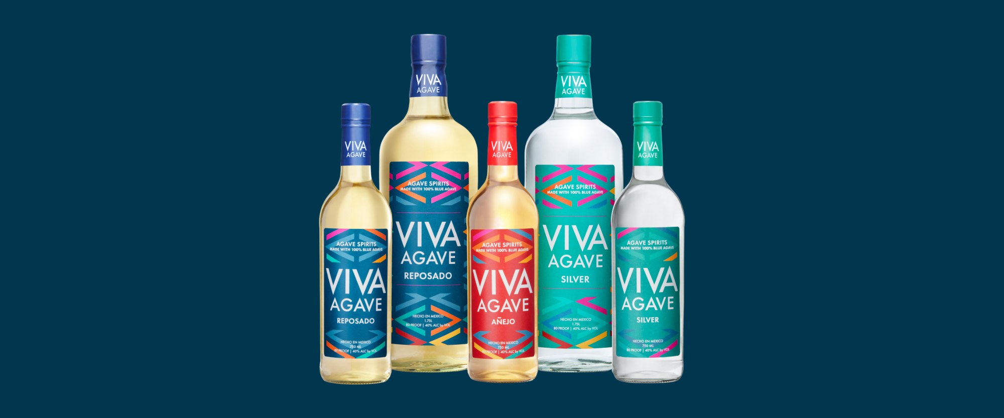 Viva Agave Reposado, Añejo and Silver bottles in 750ml and 1.75L formats against a deep navy background.