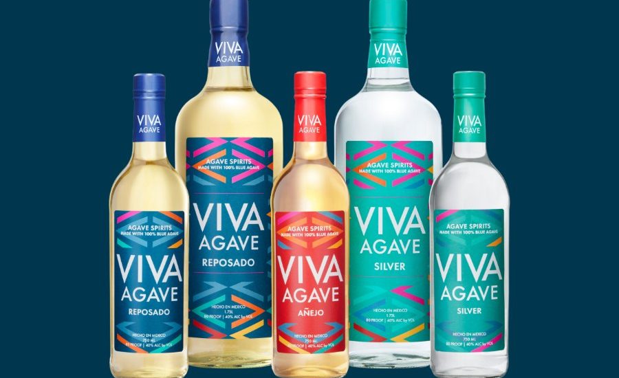 Viva Agave Reposado, Añejo and Silver bottles in 750ml and 1.75L formats against a deep navy background.